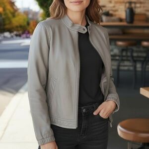 Coach Lightweight Gray/Beige Soft Leather Jacket Women's Sz M Bomber Moto